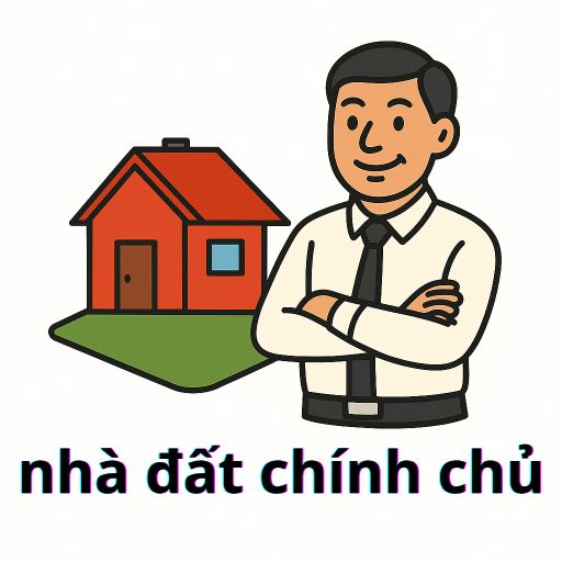 Biểu tượng để liên hệ Nhà đất chính chủ với chủ nhà bên cạnh căn nhà đỏ trên nền đất xanh